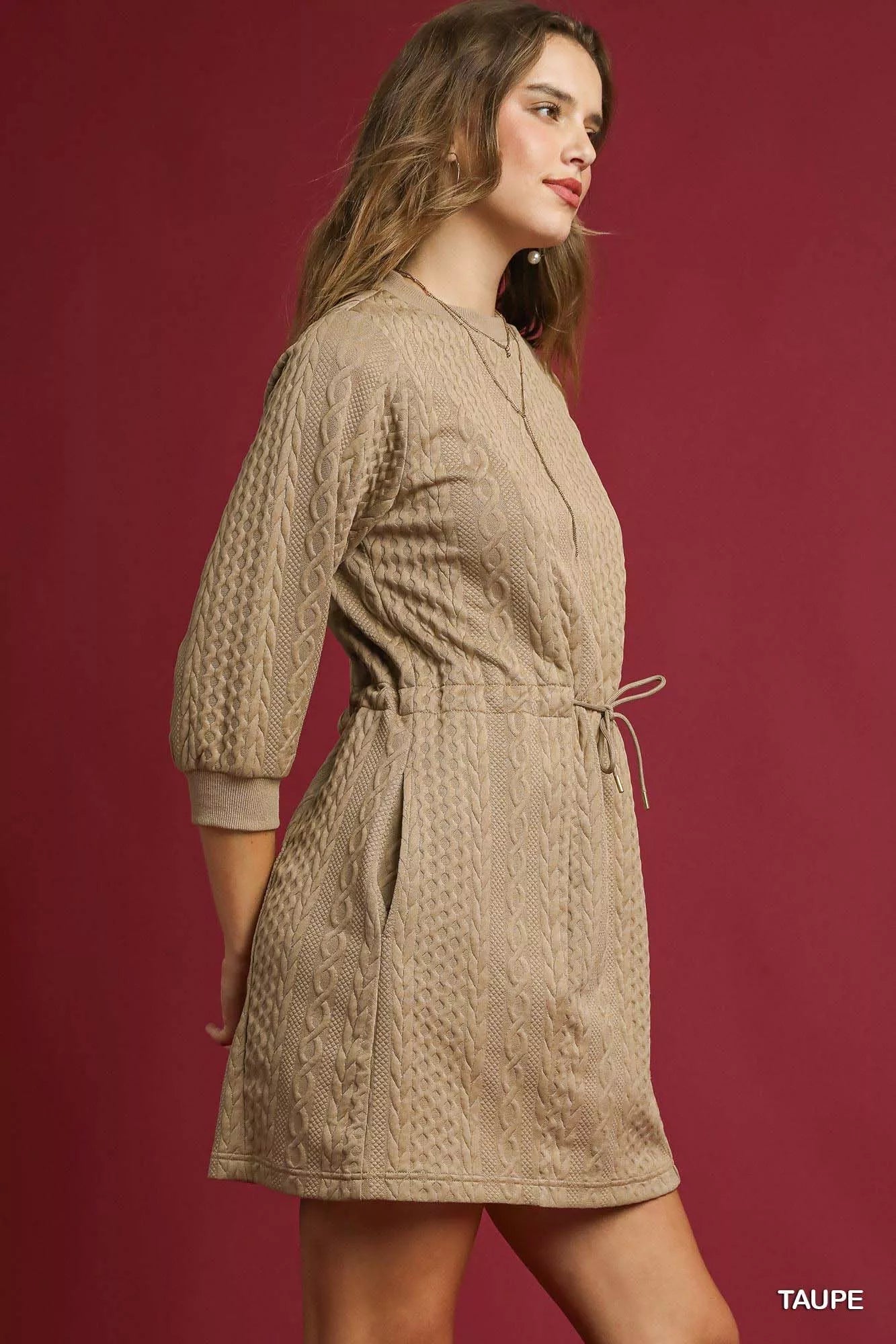 Umgee Drawstring Cable Knit Mini Dress with Pockets - Bitsy Gypsy Boutique