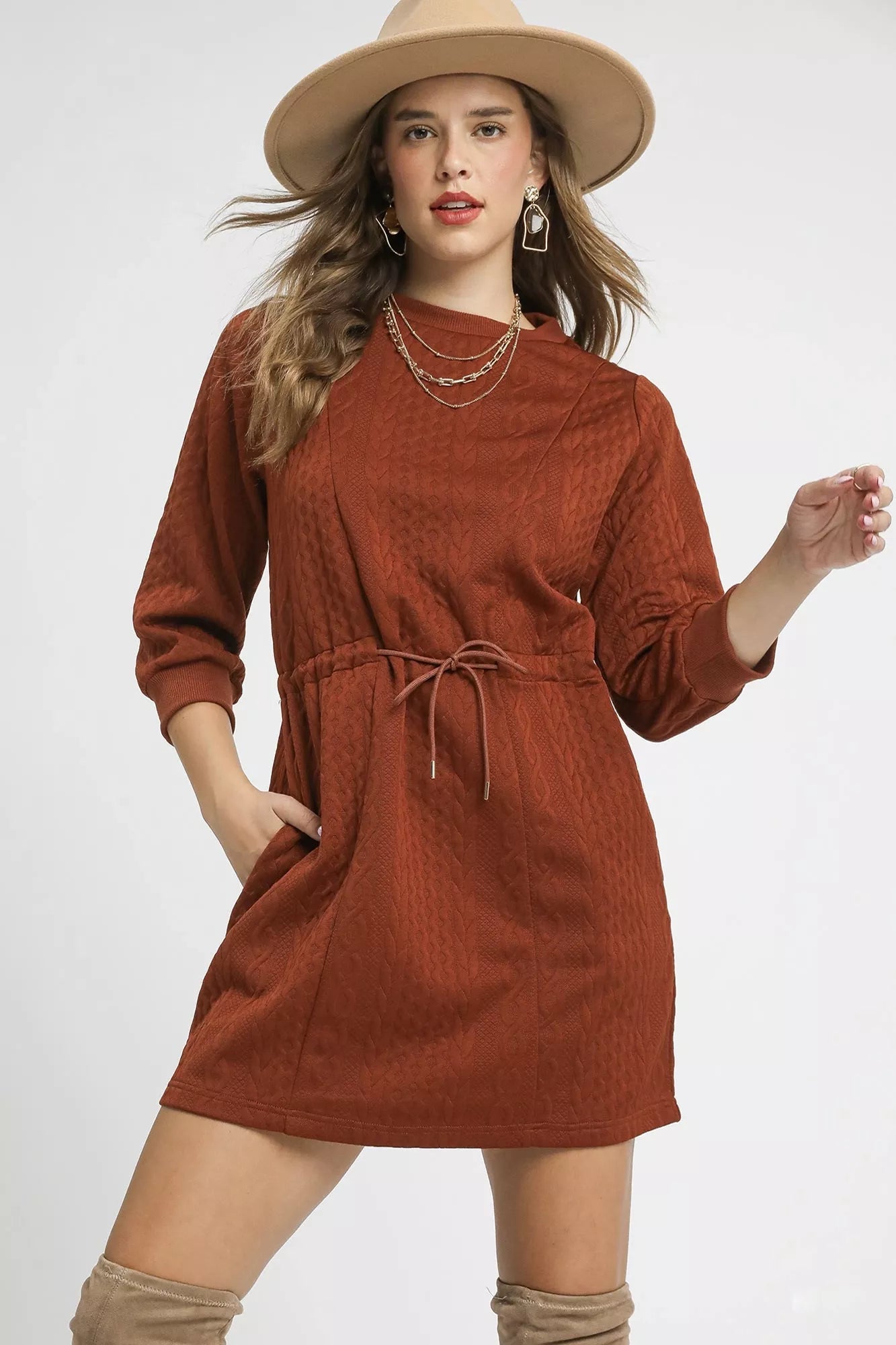 Umgee Drawstring Cable Knit Mini Dress with Pockets - Bitsy Gypsy Boutique