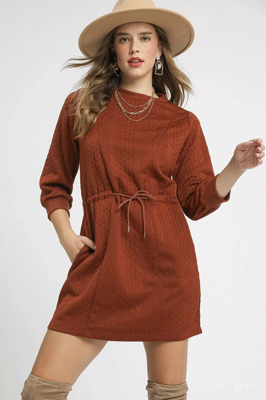 Umgee Drawstring Cable Knit Mini Dress with Pockets - Bitsy Gypsy Boutique