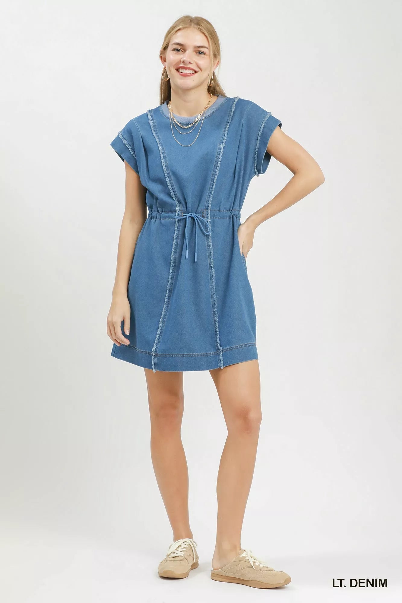 Umgee Drawstring Waist Frayed Denim Mini Dress - Bitsy Gypsy Boutique