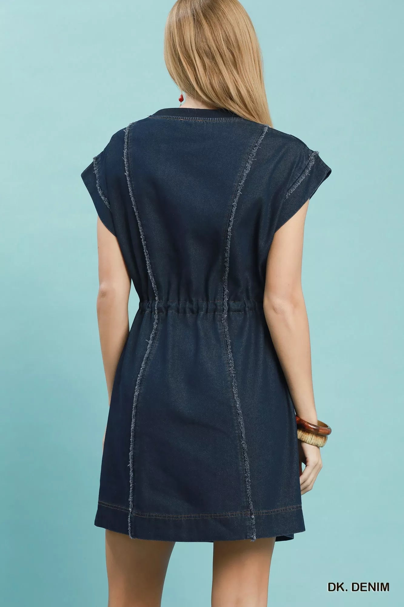 Umgee Drawstring Waist Frayed Denim Mini Dress - Bitsy Gypsy Boutique