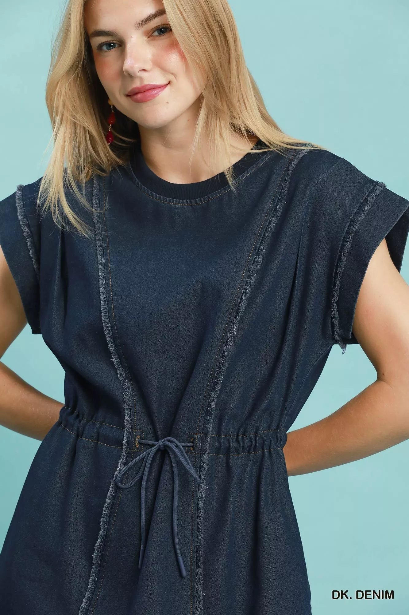 Umgee Drawstring Waist Frayed Denim Mini Dress - Bitsy Gypsy Boutique
