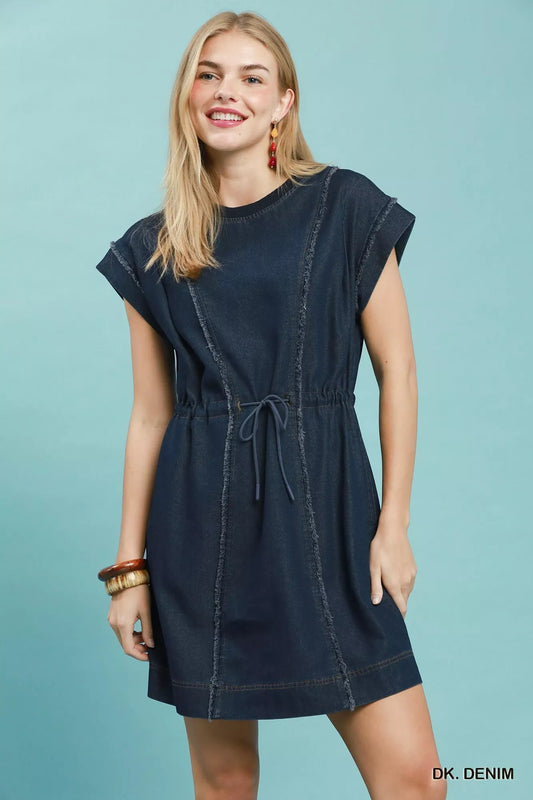 Umgee Drawstring Waist Frayed Denim Mini Dress - Bitsy Gypsy Boutique