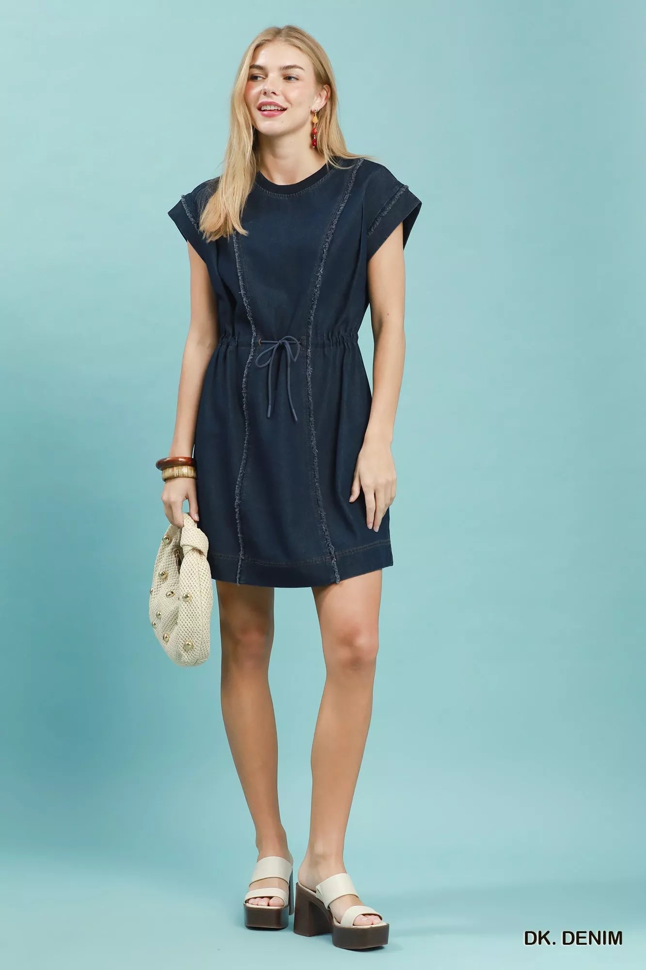 Umgee Drawstring Waist Frayed Denim Mini Dress - Bitsy Gypsy Boutique