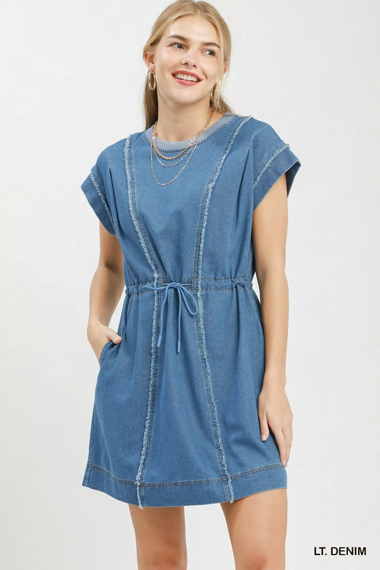 Umgee Drawstring Waist Frayed Denim Mini Dress - Bitsy Gypsy Boutique