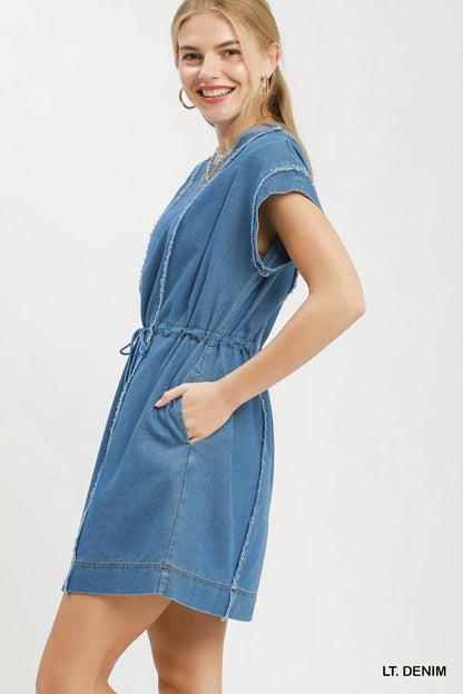 Umgee Drawstring Waist Frayed Denim Mini Dress - Bitsy Gypsy Boutique