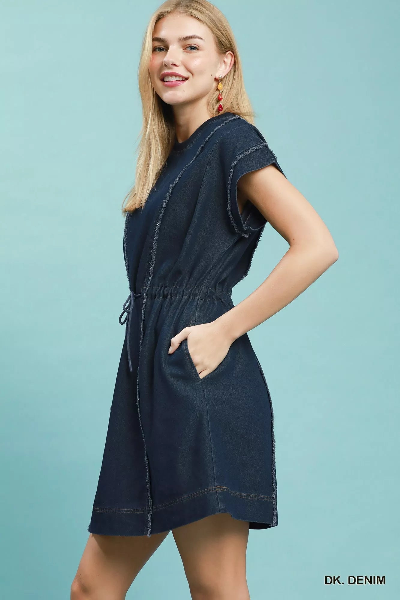 Umgee Drawstring Waist Frayed Denim Mini Dress - Bitsy Gypsy Boutique