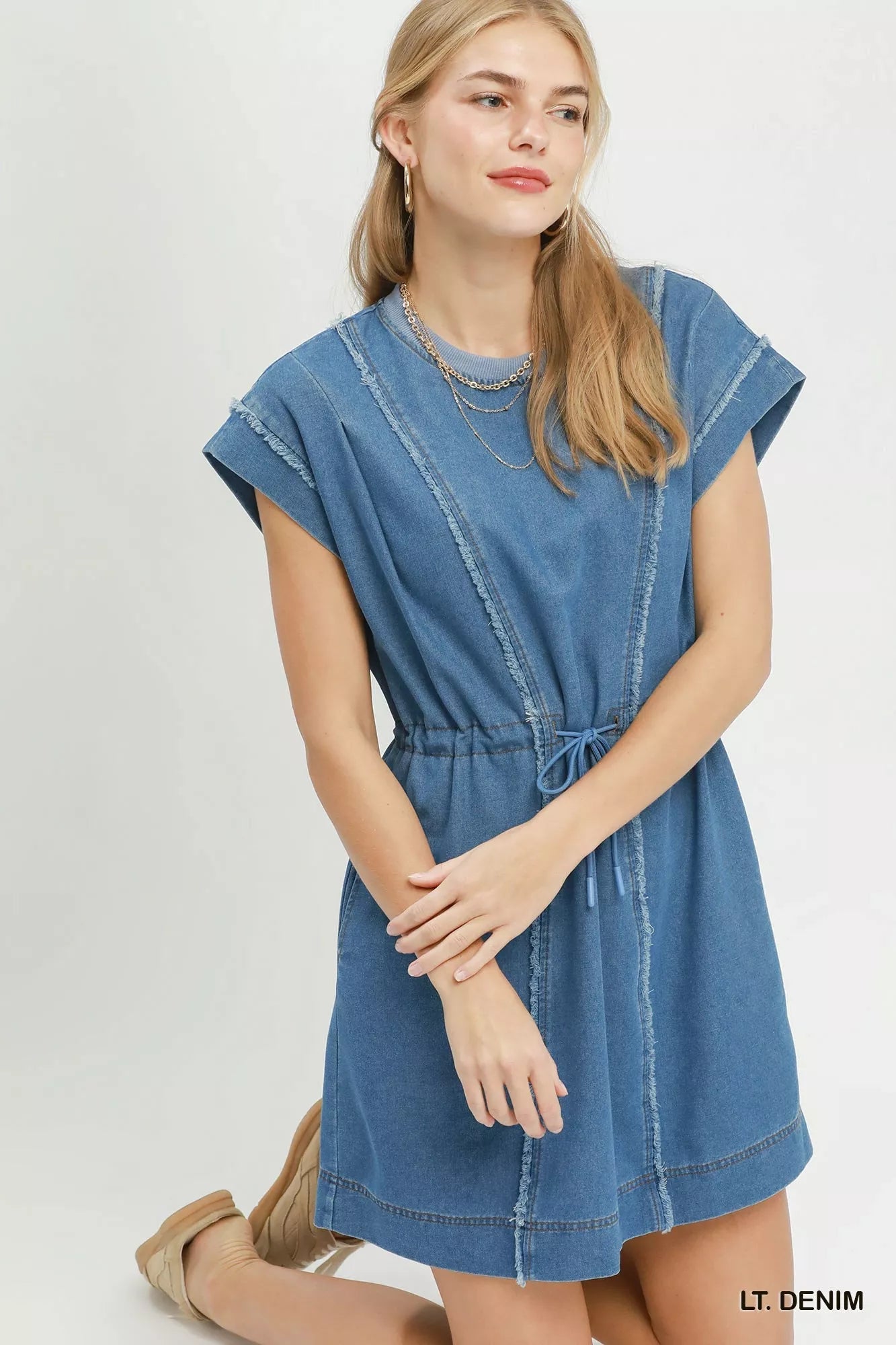 Umgee Drawstring Waist Frayed Denim Mini Dress - Bitsy Gypsy Boutique