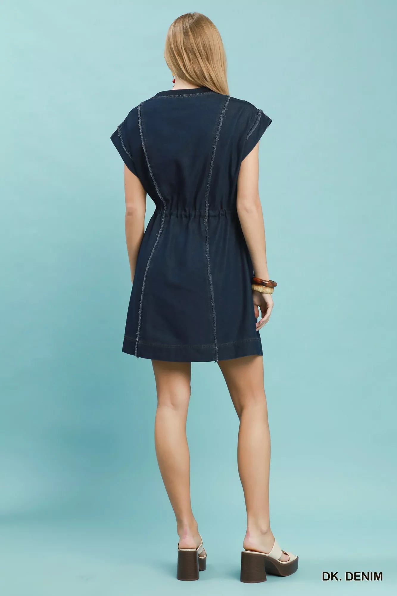 Umgee Drawstring Waist Frayed Denim Mini Dress - Bitsy Gypsy Boutique