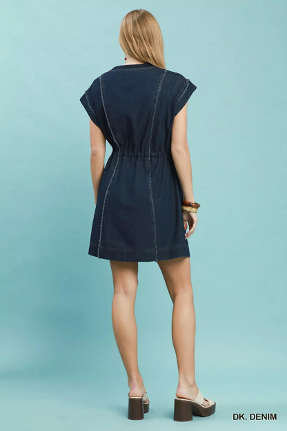 Umgee Drawstring Waist Frayed Denim Mini Dress - Bitsy Gypsy Boutique