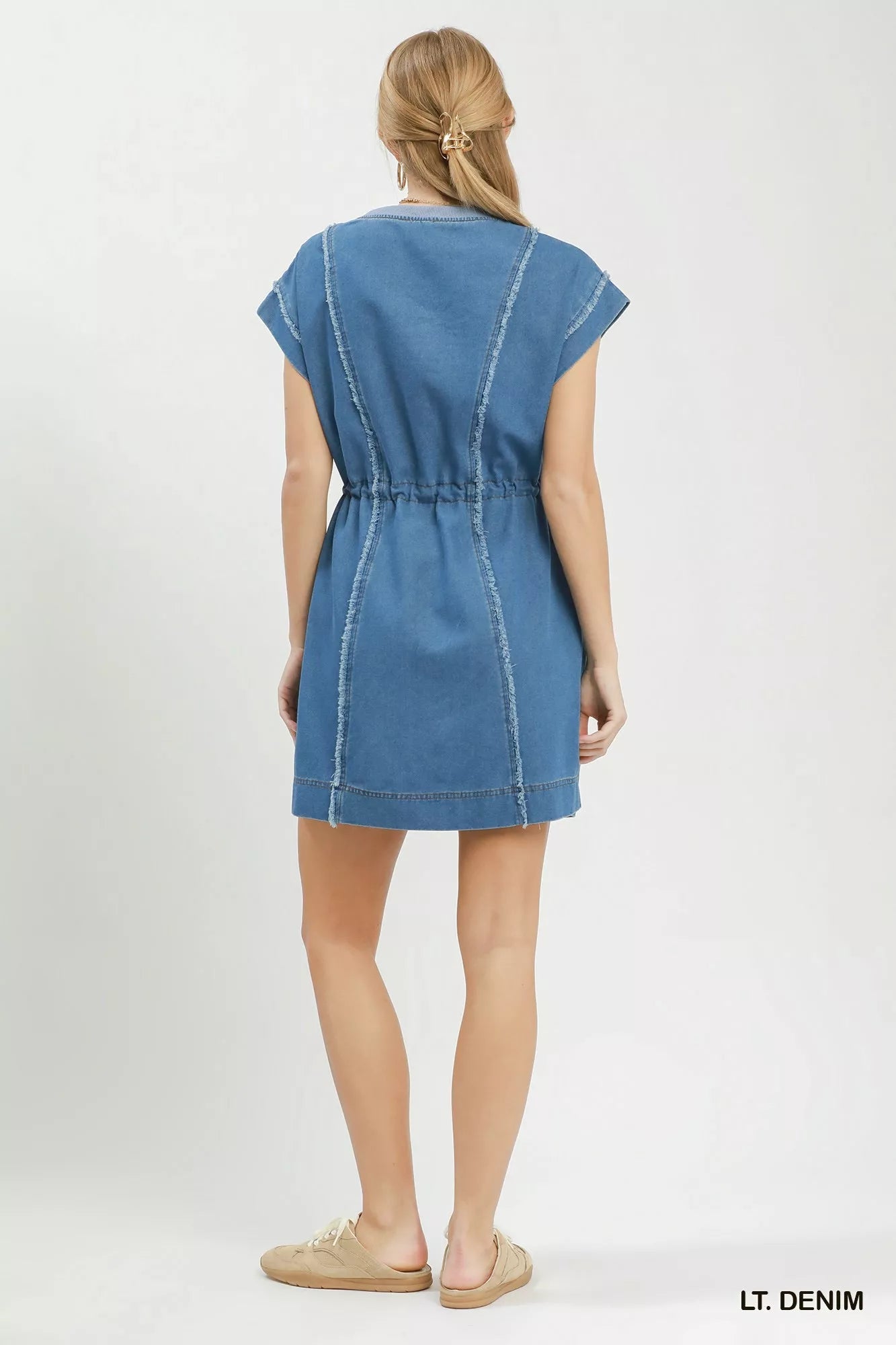 Umgee Drawstring Waist Frayed Denim Mini Dress - Bitsy Gypsy Boutique
