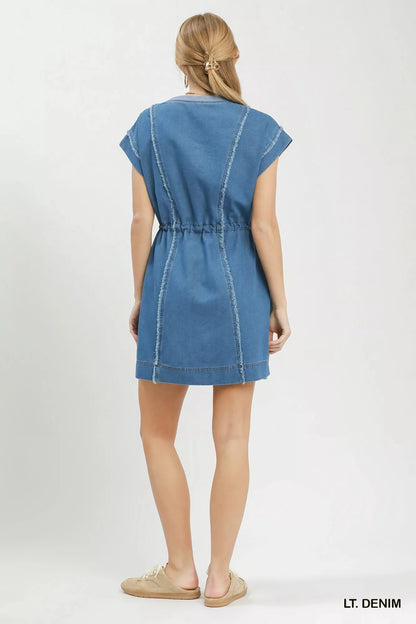 Umgee Drawstring Waist Frayed Denim Mini Dress - Bitsy Gypsy Boutique
