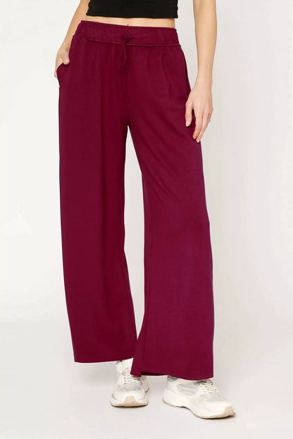 Umgee Elastic Drawstring Waistband Wide Leg Pants - Bitsy Gypsy Boutique