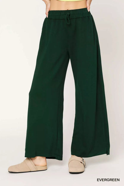 Umgee Elastic Drawstring Waistband Wide Leg Pants - Bitsy Gypsy Boutique