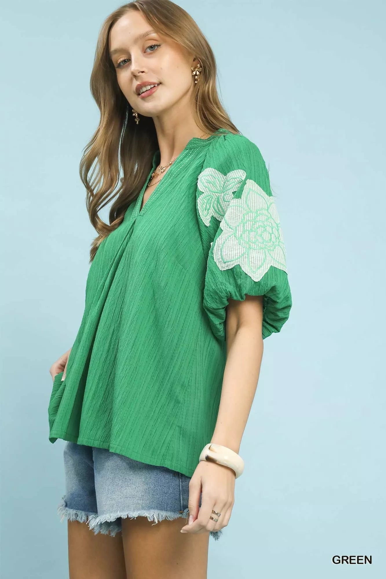 Umgee Embroidered Balloon Sleeve Notch Neck Blouse - Bitsy Gypsy Boutique