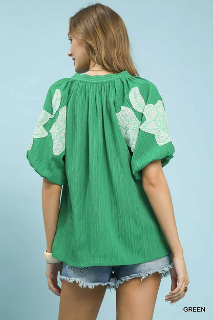 Umgee Embroidered Balloon Sleeve Notch Neck Blouse - Bitsy Gypsy Boutique