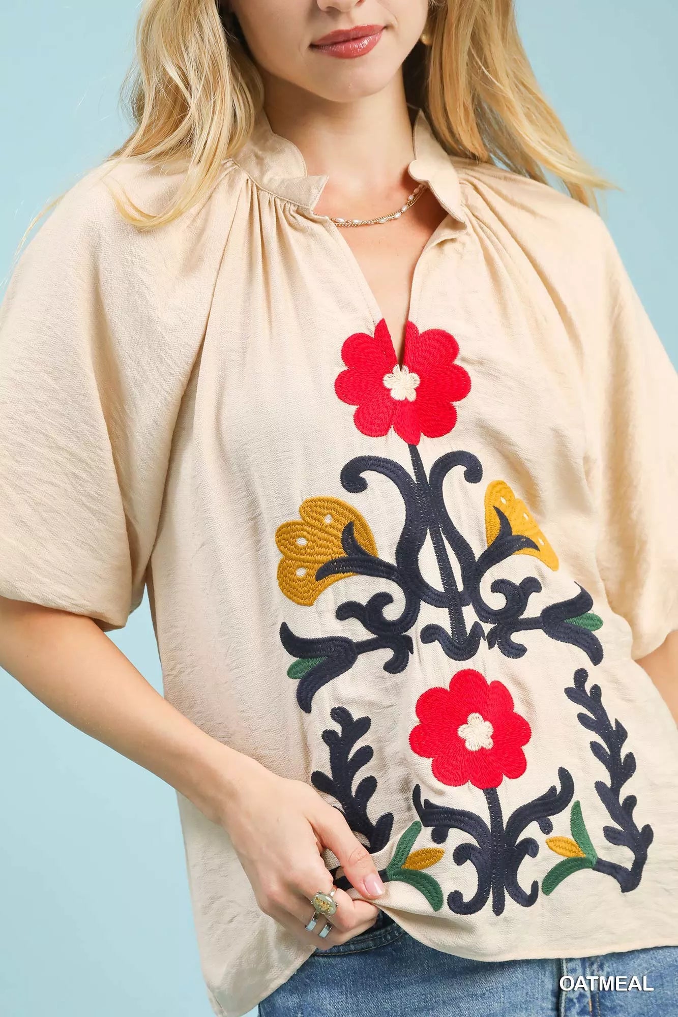 Umgee Embroidered Boho Puff Sleeve Blouse - Bitsy Gypsy Boutique