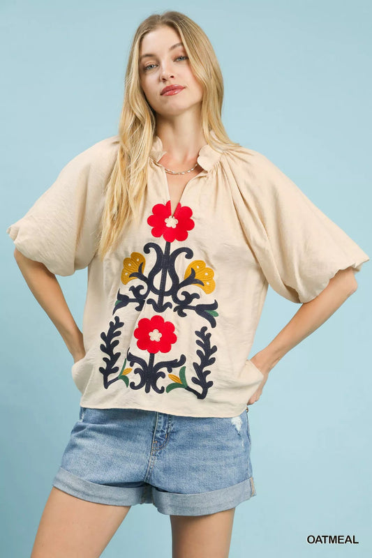 Umgee Embroidered Boho Puff Sleeve Blouse - Bitsy Gypsy Boutique