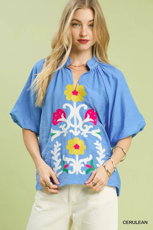Umgee Embroidered Boho Puff Sleeve Blouse - Bitsy Gypsy Boutique