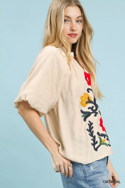 Umgee Embroidered Boho Puff Sleeve Blouse - Bitsy Gypsy Boutique
