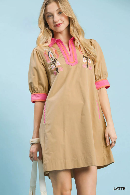 Umgee Embroidered Contrast Trim Tunic Dress - Bitsy Gypsy Boutique