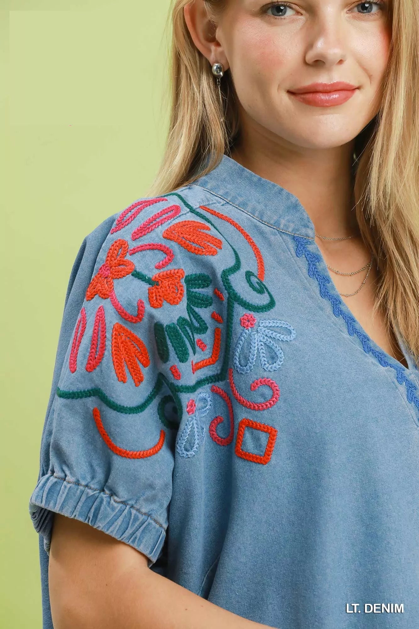 Umgee Embroidered Denim Puff Sleeve Top - Bitsy Gypsy Boutique