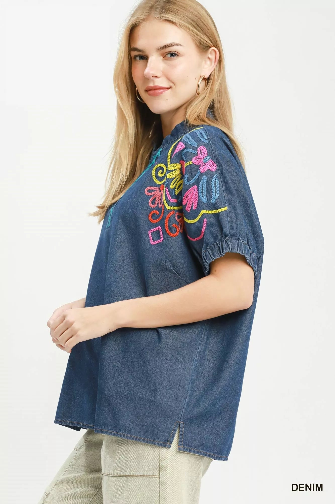 Umgee Embroidered Denim Puff Sleeve Top - Bitsy Gypsy Boutique