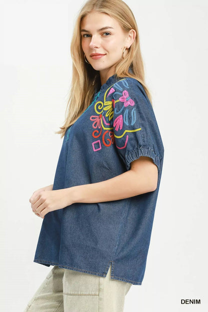 Umgee Embroidered Denim Puff Sleeve Top - Bitsy Gypsy Boutique