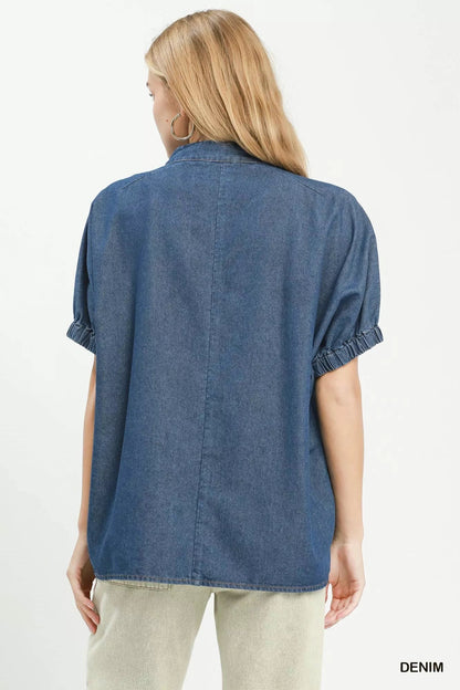Umgee Embroidered Denim Puff Sleeve Top - Bitsy Gypsy Boutique
