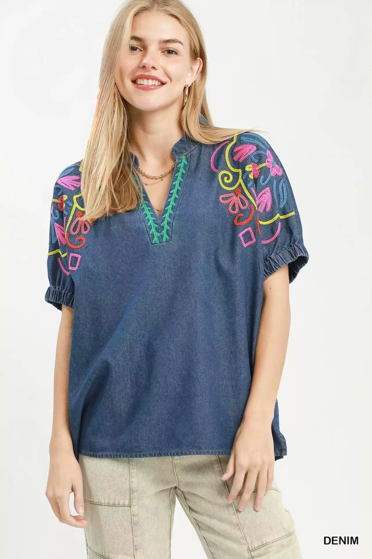 Umgee Embroidered Denim Puff Sleeve Top - Bitsy Gypsy Boutique