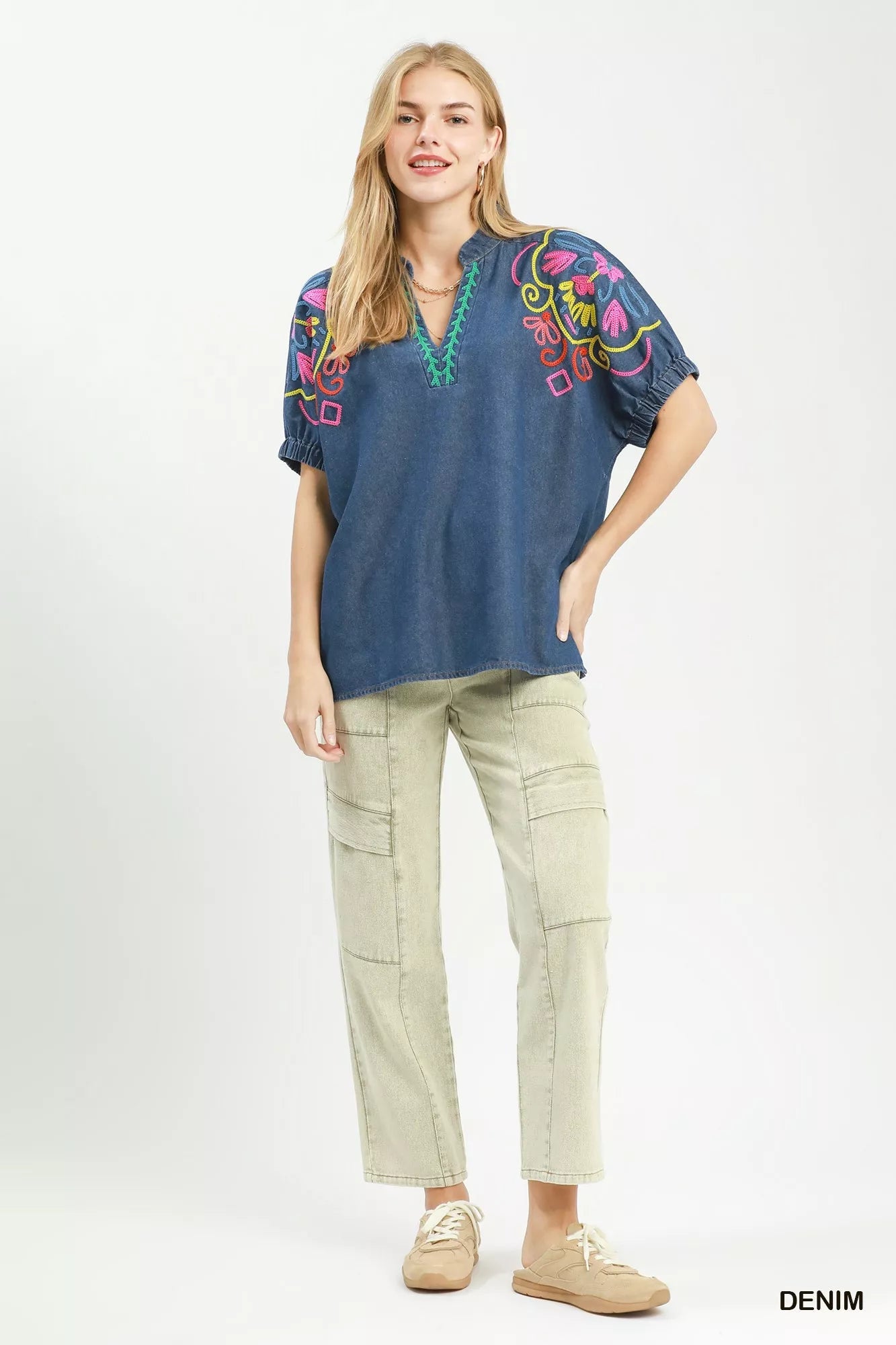 Umgee Embroidered Denim Puff Sleeve Top - Bitsy Gypsy Boutique