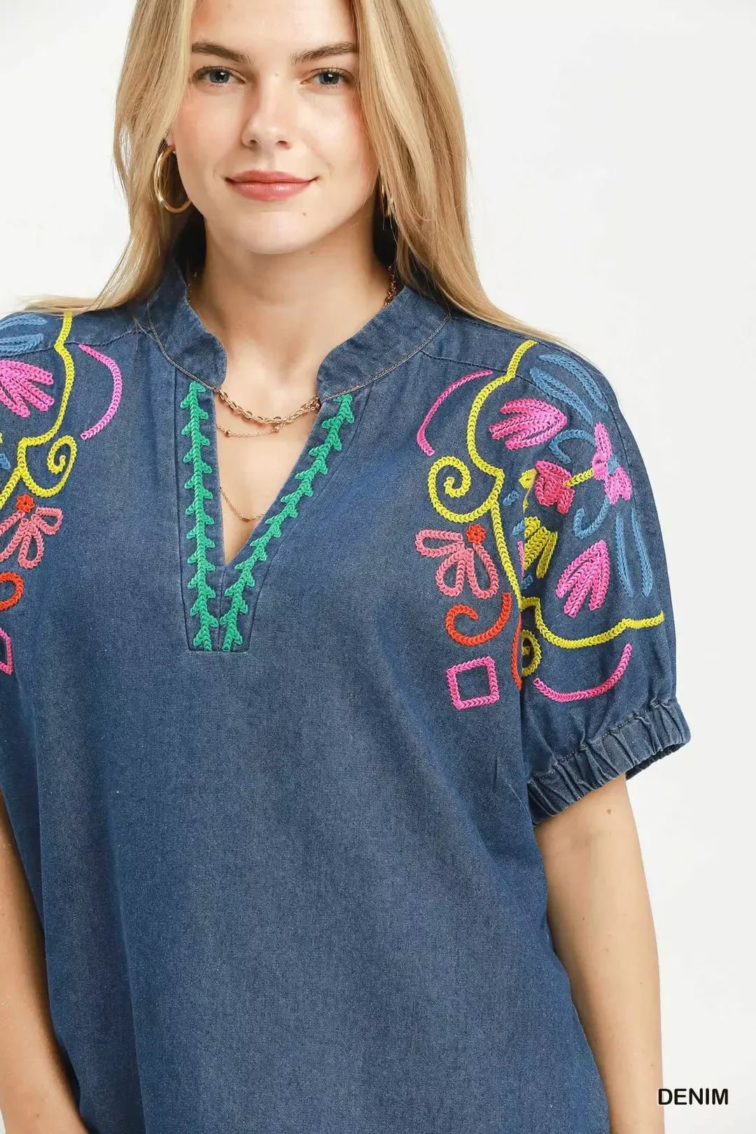 Umgee Embroidered Denim Puff Sleeve Top - Bitsy Gypsy Boutique