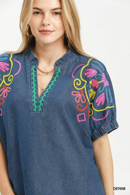 Umgee Embroidered Denim Puff Sleeve Top - Bitsy Gypsy Boutique