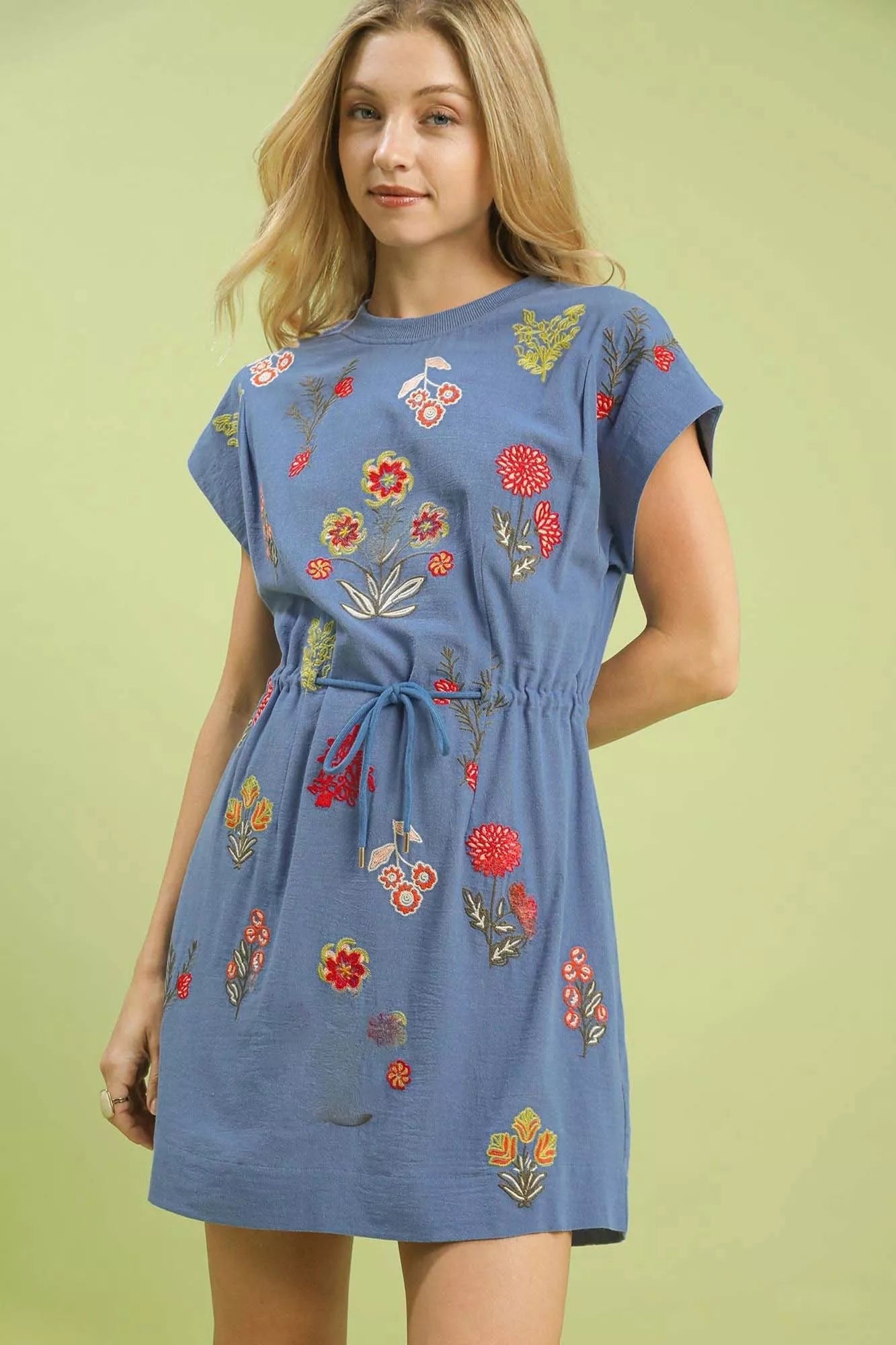 Umgee Embroidered Floral Mini Dress with Waist Tie - Bitsy Gypsy Boutique