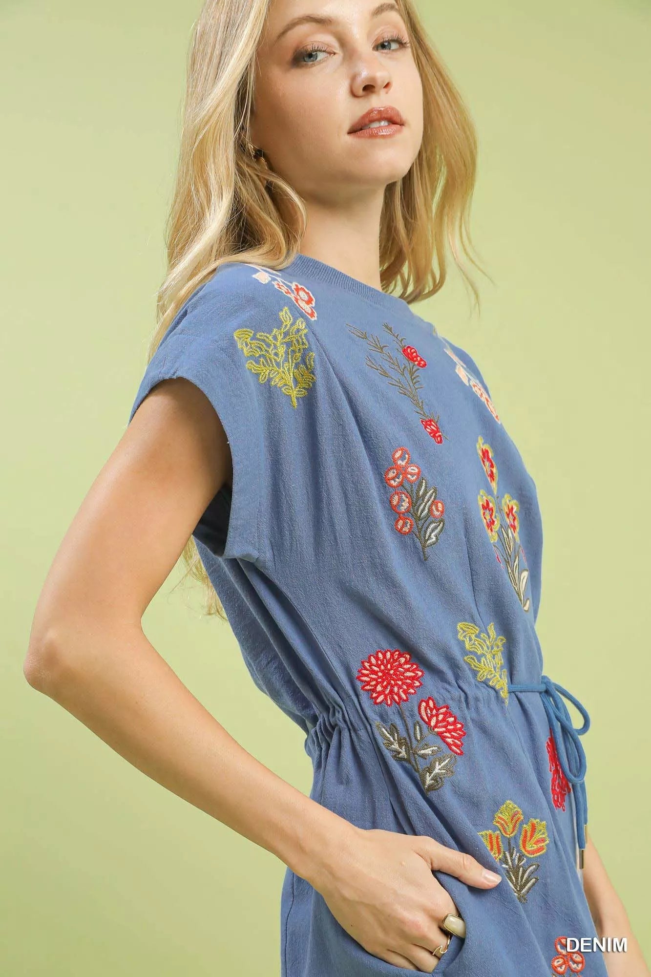 Umgee Embroidered Floral Mini Dress with Waist Tie - Bitsy Gypsy Boutique