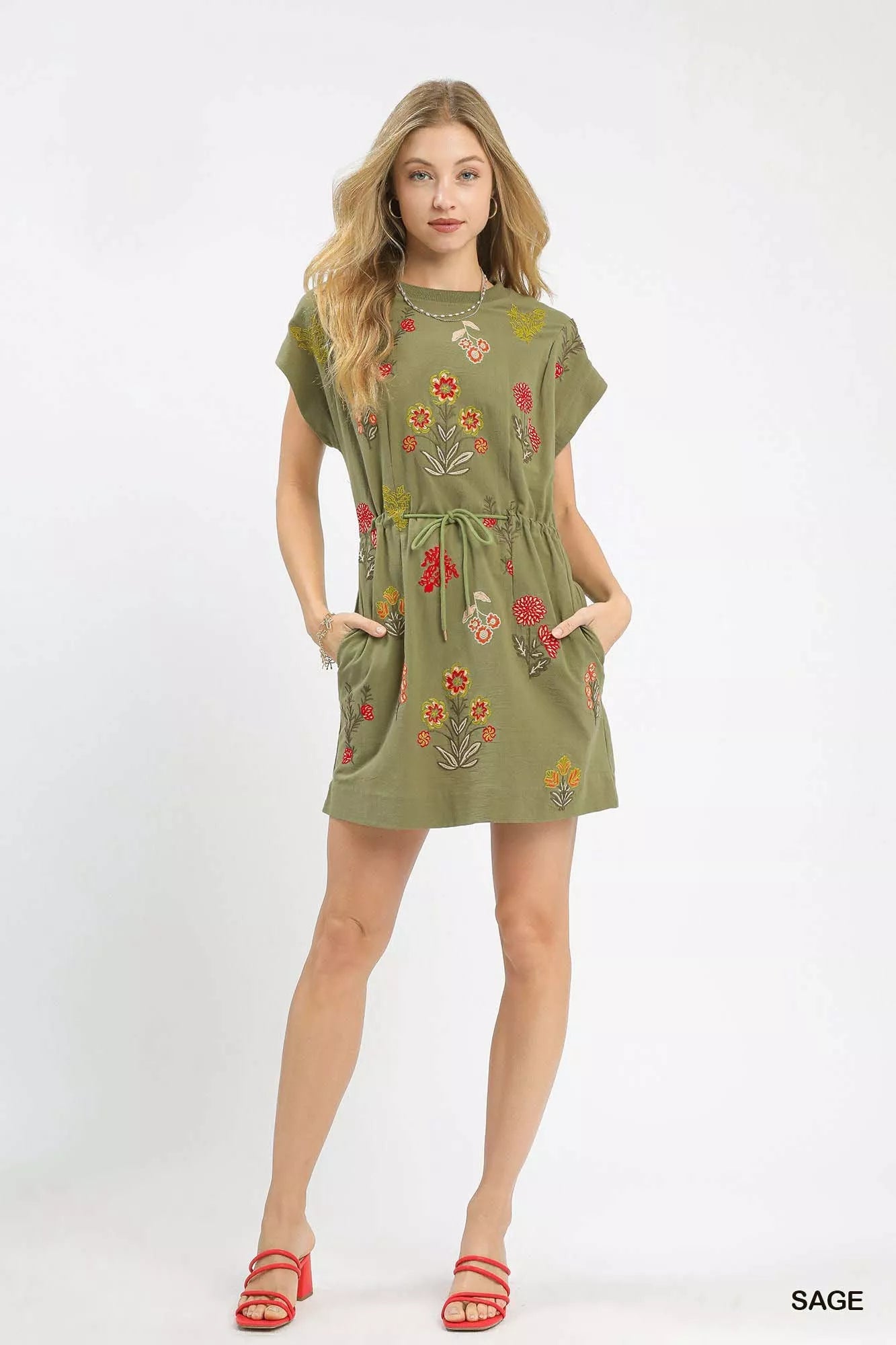 Umgee Embroidered Floral Mini Dress with Waist Tie - Bitsy Gypsy Boutique