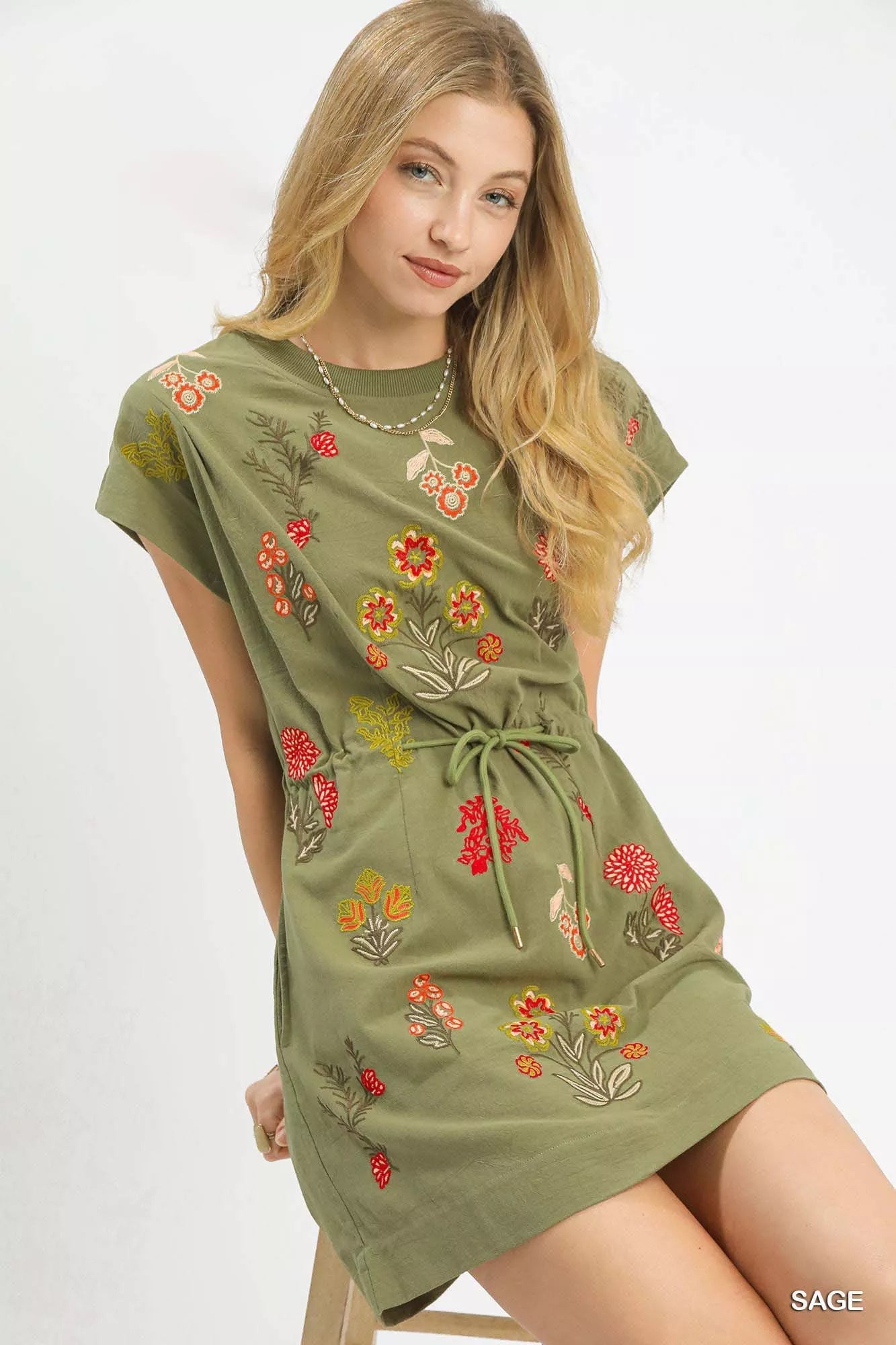 Umgee Embroidered Floral Mini Dress with Waist Tie - Bitsy Gypsy Boutique