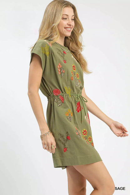 Umgee Embroidered Floral Mini Dress with Waist Tie - Bitsy Gypsy Boutique