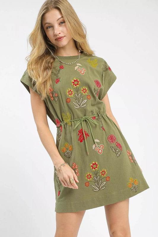 Umgee Embroidered Floral Mini Dress with Waist Tie - Bitsy Gypsy Boutique