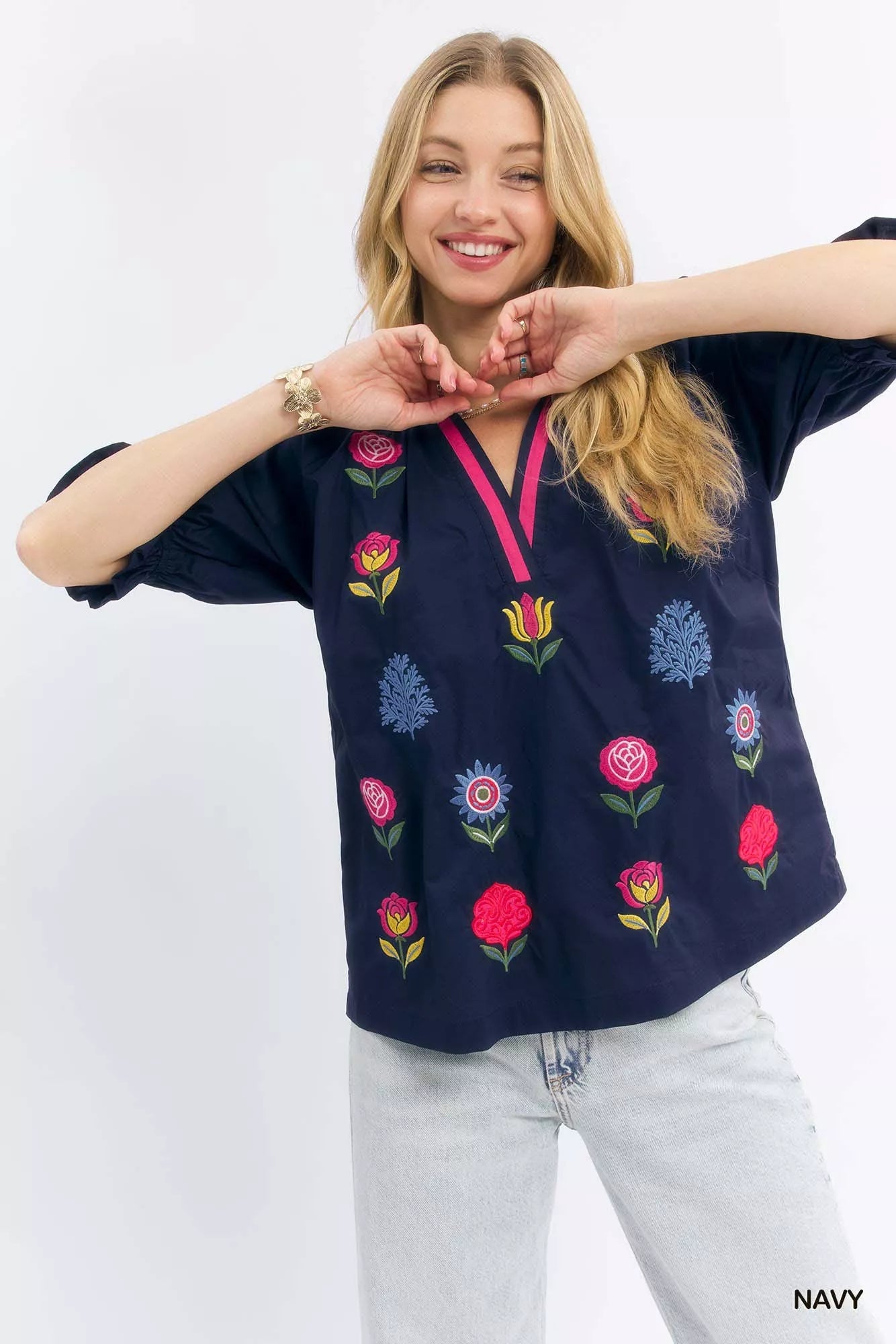Umgee Embroidered Floral Top with Contrast Trim - Bitsy Gypsy Boutique