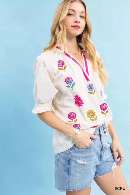 Umgee Embroidered Floral Top with Contrast Trim - Bitsy Gypsy Boutique