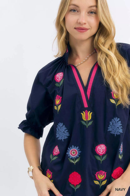 Umgee Embroidered Floral Top with Contrast Trim - Bitsy Gypsy Boutique