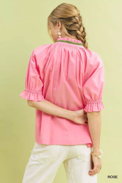 Umgee Embroidered Floral Top with Contrast Trim - Bitsy Gypsy Boutique