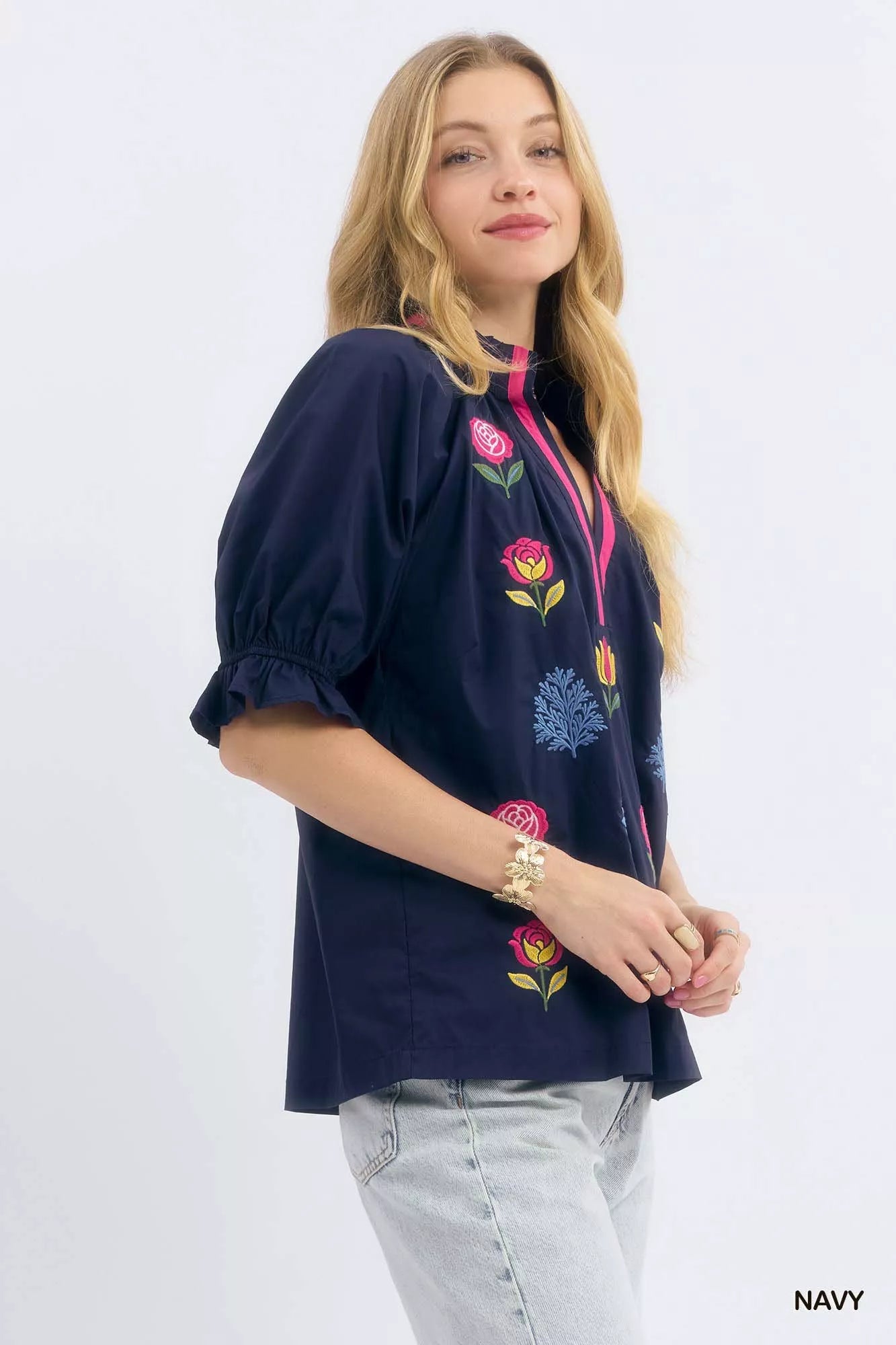 Umgee Embroidered Floral Top with Contrast Trim - Bitsy Gypsy Boutique