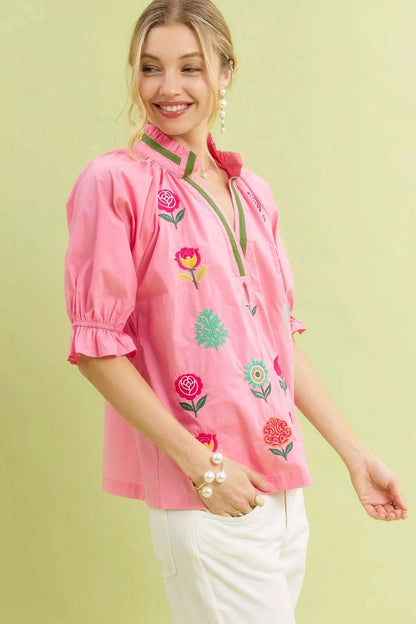 Umgee Embroidered Floral Top with Contrast Trim - Bitsy Gypsy Boutique