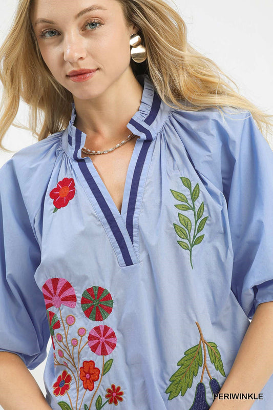Umgee Embroidered Floral V - Neck Blouse - Bitsy Gypsy Boutique