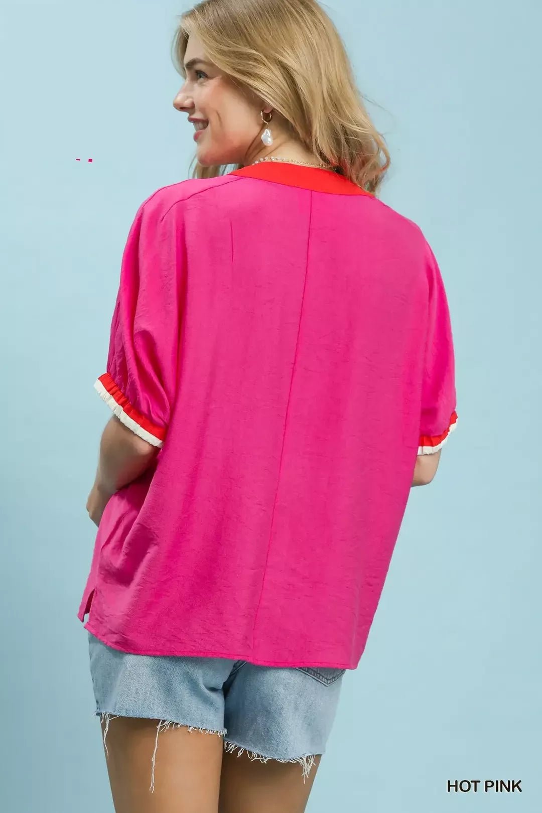 Umgee Embroidered Floral V - Neck Short Sleeve Blouse with Contrast Trim - Bitsy Gypsy Boutique