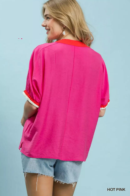 Umgee Embroidered Floral V - Neck Short Sleeve Blouse with Contrast Trim - Bitsy Gypsy Boutique