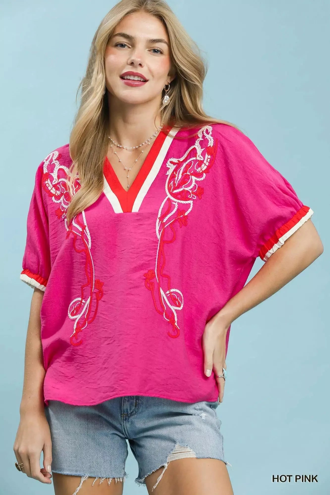 Umgee Embroidered Floral V - Neck Short Sleeve Blouse with Contrast Trim - Bitsy Gypsy Boutique