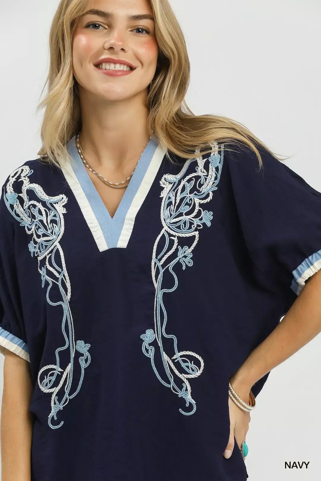 Umgee Embroidered Floral V - Neck Short Sleeve Blouse with Contrast Trim - Bitsy Gypsy Boutique